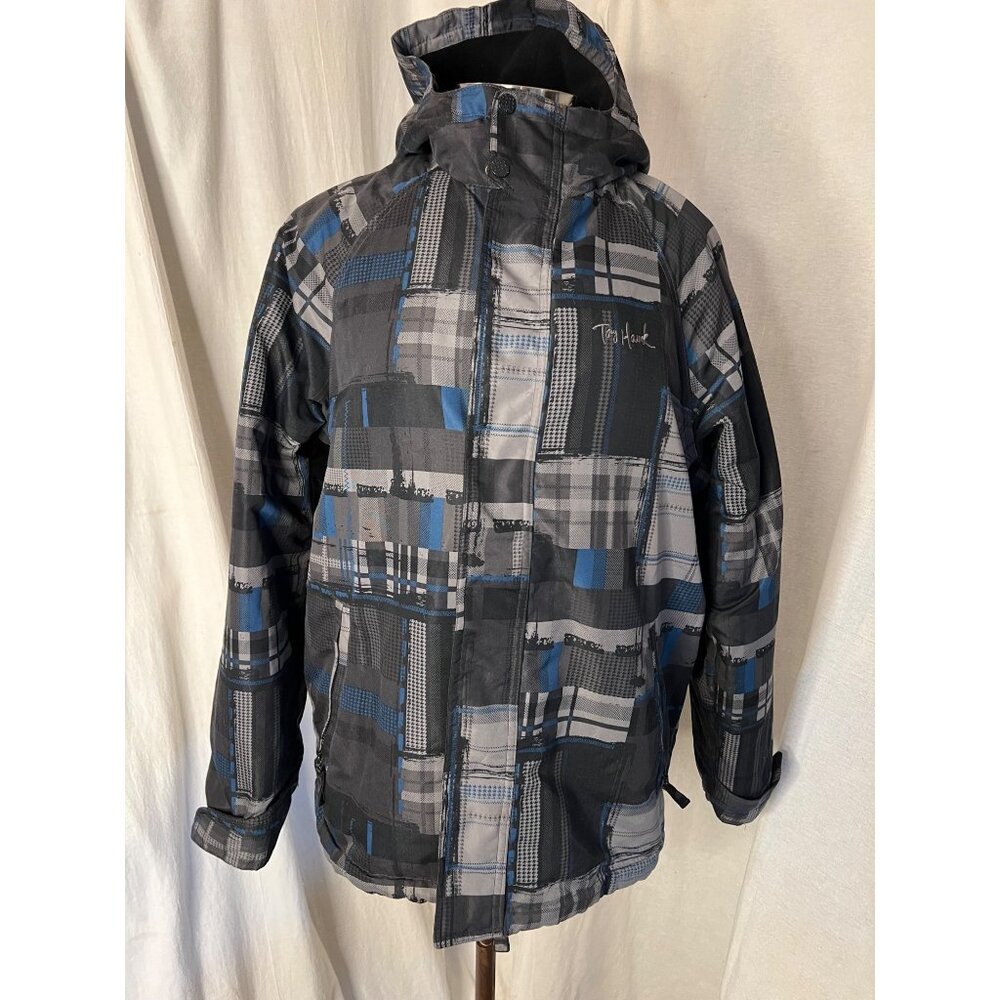 Tony, Hawk jacket medium plaid blue black hooded full-zip-pocket-under arm